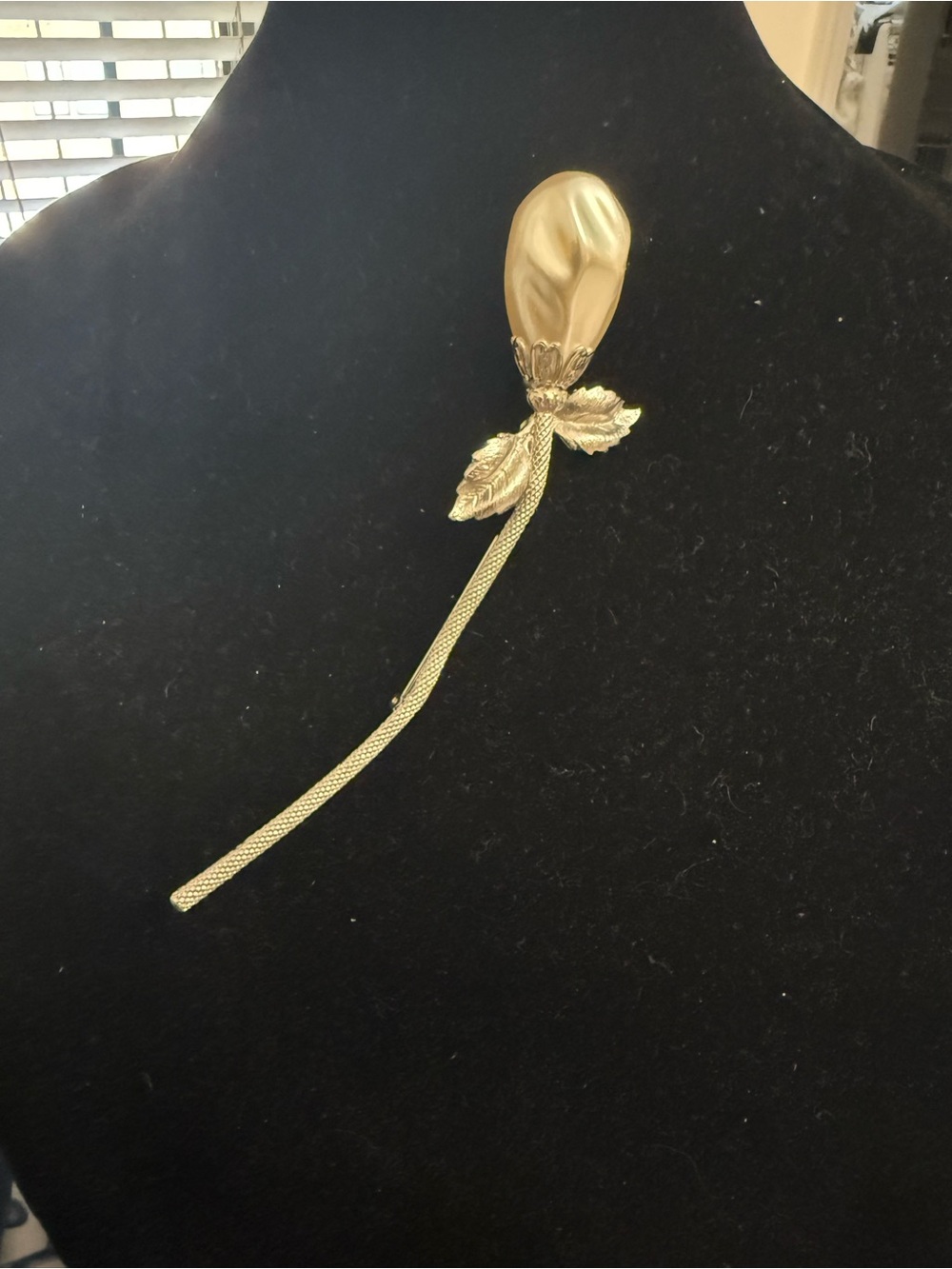 Huge 6”  Silver Tone  vintage Long Stem Rose  faux pearl Brooch